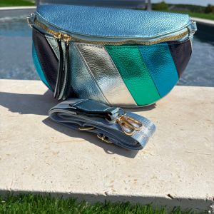 Sac banane simili cuir argenté bleu turquoise