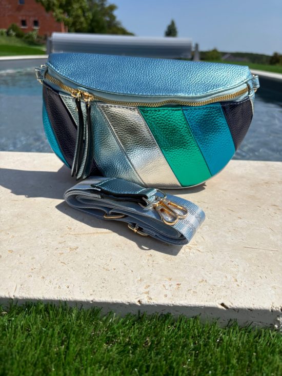 Sac banane simili cuir argenté bleu turquoise