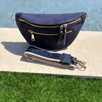 Sac banane velours côtelé 2 poches bleu marine sangle fantaisie