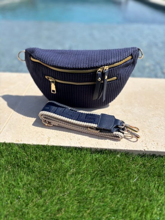 Sac banane velours côtelé 2 poches bleu marine sangle fantaisie