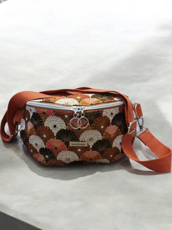 Sac banane en tissu motifs éventails écru et cuivre fait main