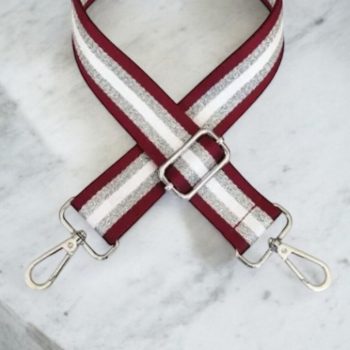 Bandoulière sangle large à rayures verticales rouge bordeaux, blanc et gris pailleté