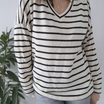 Pullover maille écru rayé noir à manches longues taille unique