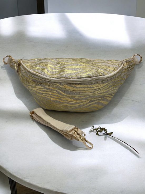 Sac banane XL tissu motif zebre doré beige