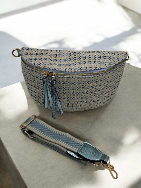 Sac banane en tissu à motif texturé de couleurs noir, bleu et beige sangle fantaisie