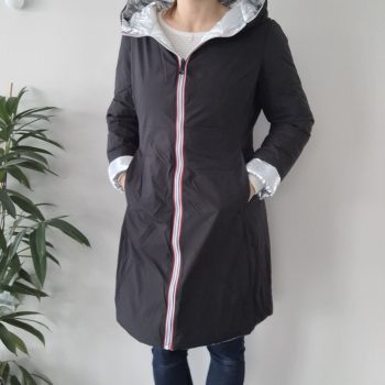 Doudoune manteau imperméable long noir réversible matelassé argenté
