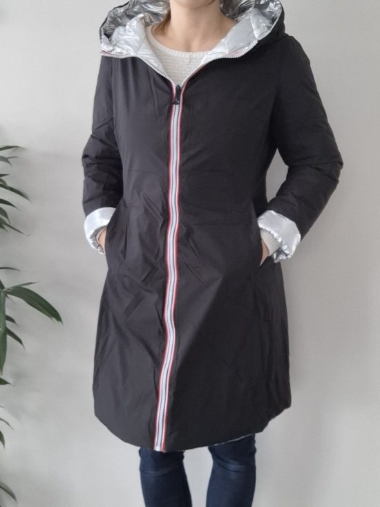 Doudoune manteau imperméable long noir réversible matelassé argenté