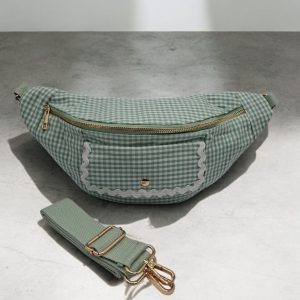 Sac banane en coton motif vichy vert et blanc 2 poches