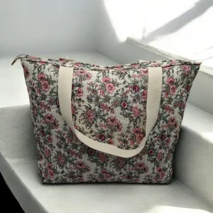 Sac cabas porté épaule en coton liberty fleuri noir rose crème