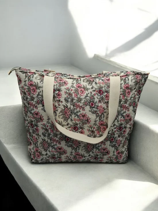 Sac cabas porté épaule en coton liberty fleuri noir rose crème