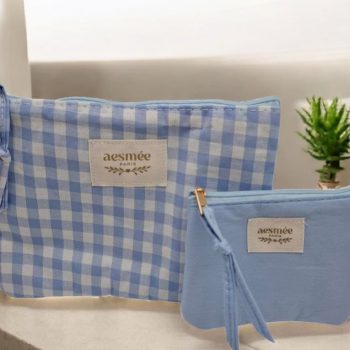 Pochette et trousse en coton vichy motifs à carreaux bleu et crème