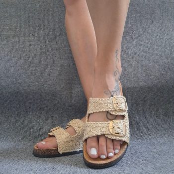 Chaussures sandales 2 brides effet paille beige avec boucles style Birk