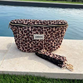 Sac banane tissu coton matelassé imprimé léopard beige marron