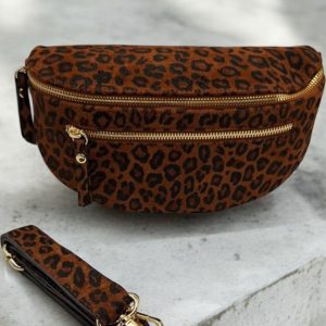 Sac banane croûte de cuir 2 poches léopard camel noir