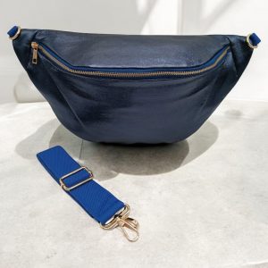 Sac banane XL simili cuir bleu irisé mousquetons dorés