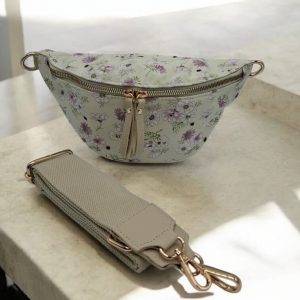 Sac banane en tissu coton blanc motif floral vert tres clair et rose