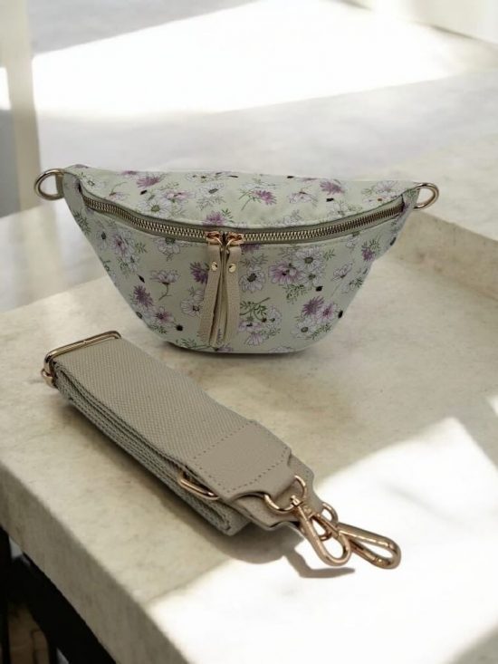 Sac banane en tissu coton blanc motif floral vert tres clair et rose