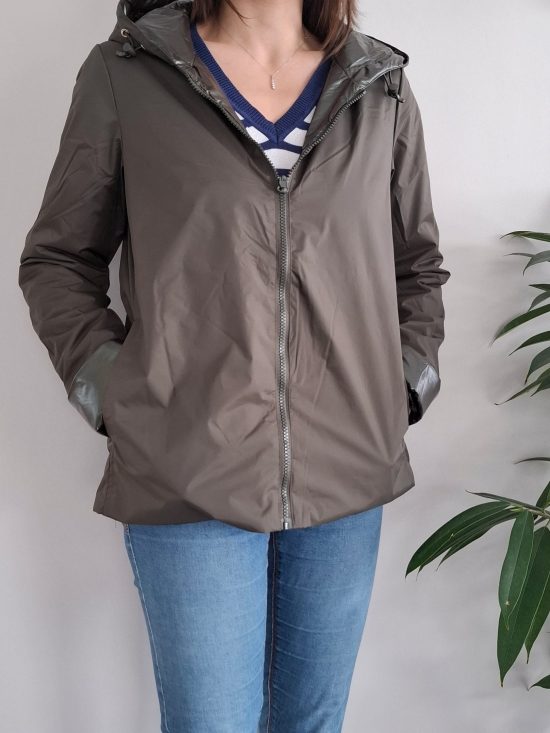 Laura Jo - Imperméable réversible court mi-saison avec garnissage ouate et zip uni (mat/brillant) kaki