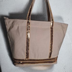 Sac à main style cabas porté main en tissu beige avec sequins dorés