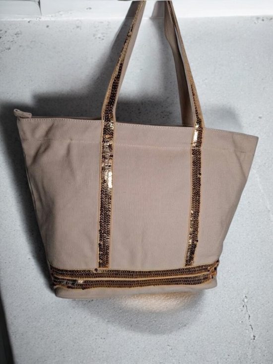 Sac à main style cabas porté main en tissu beige avec sequins dorés