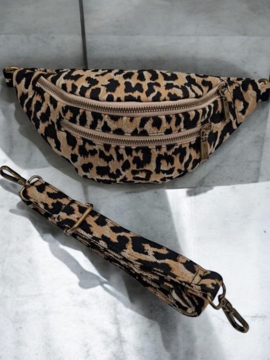 Sac banane en tissu à motif léopard camel 2 poches