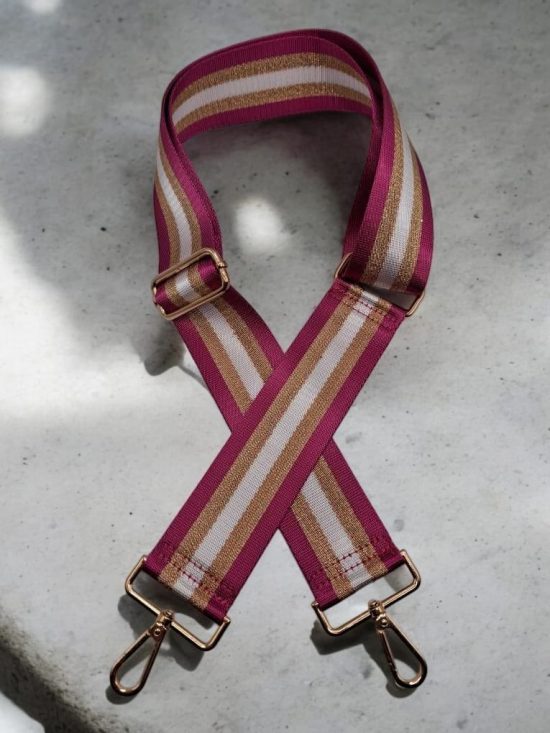 Bandoulière sangle large à rayures verticales rose doré pailleté