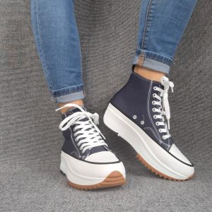 Chaussures baskets haute plate-forme toile bleu marine et blanc