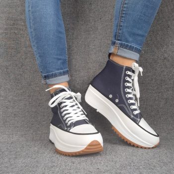 Chaussures baskets haute plate-forme toile bleu marine et blanc