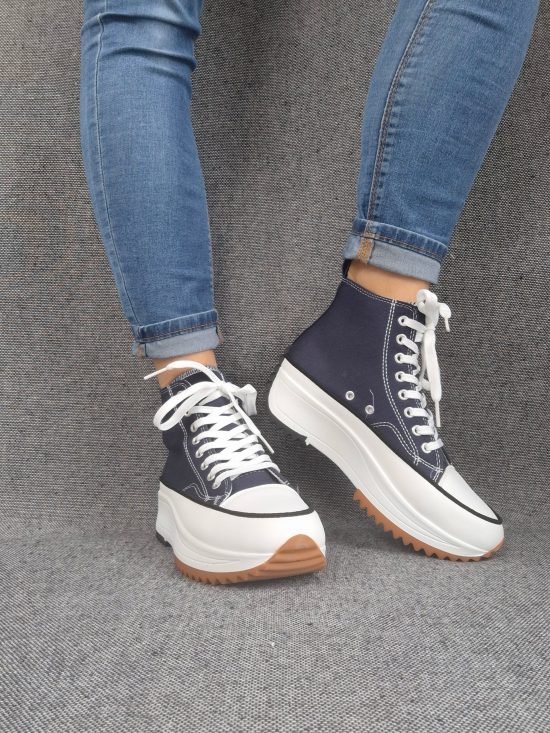 Chaussures baskets haute plate-forme toile bleu marine et blanc