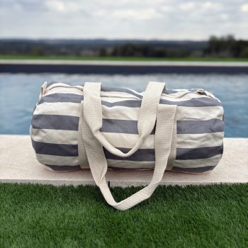 Sac polochon en coton rayé gris et blanc