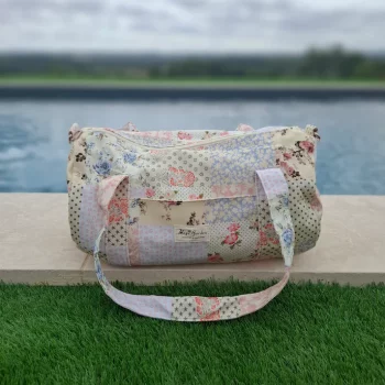 Sac polochon week end de voyage en tissu coton patchwork multicolore fleuri bleu clair orange