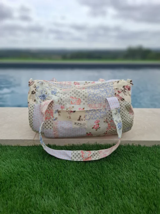 Sac polochon week end de voyage en tissu coton patchwork multicolore fleuri bleu clair orange