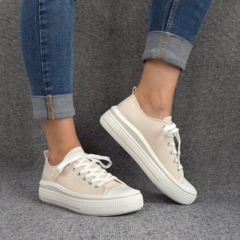 Chaussures baskets en toile beige clair semelle compensée style converse