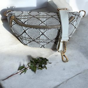 Sac banane effet tissu tressé taupe et crème