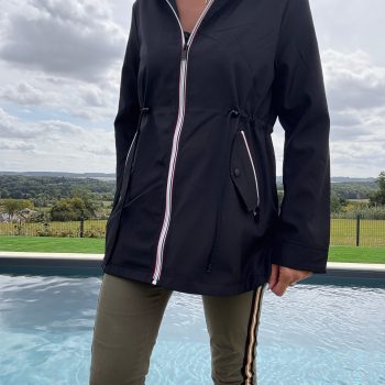 New Lolo - Manteau mi long deperlant léger noir capuche intérieur marin rayé noir blanc
