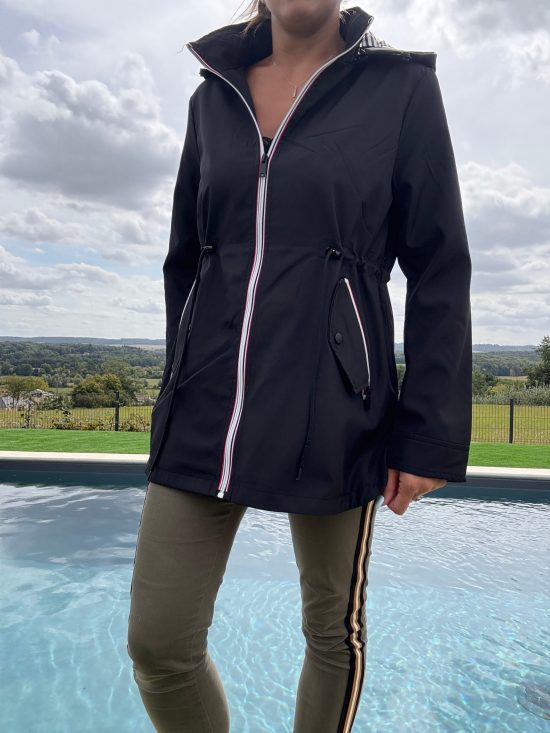 New Lolo - Manteau mi long deperlant léger noir capuche intérieur marin rayé noir blanc - Curvy