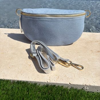 Sac banane tissu jean bandouliere grise en cuir