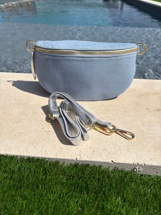 Sac banane tissu jean bandouliere grise en cuir
