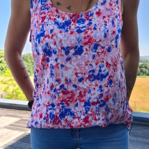 Débardeur fleuri bleu et rouge upcyclé en coton/lin