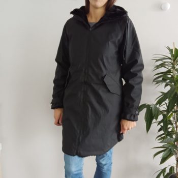 Melya Melody - Manteau long mi cuisses type ciré imperméable fourré réversible noir