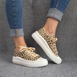 Chaussures baskets à imprimé léopard marron beige semelles compensées style converse