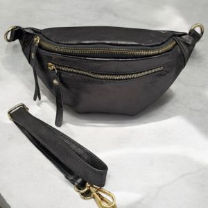 Sac banane en cuir irisé gris 2 poches