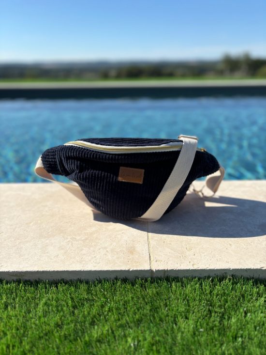 Sac banane velours cotelé bleu marine intérieur coton fait main