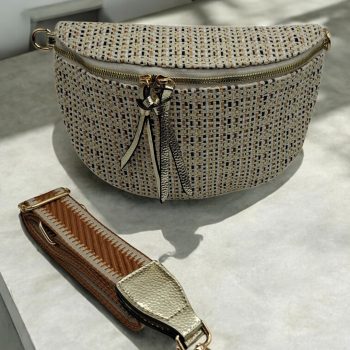 Sac banane en tissu à motif texturé noir, beige et camel sangle fantaisie