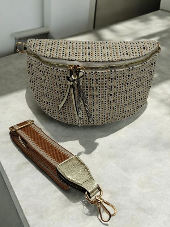 Sac banane en tissu à motif texturé noir, beige et camel sangle fantaisie