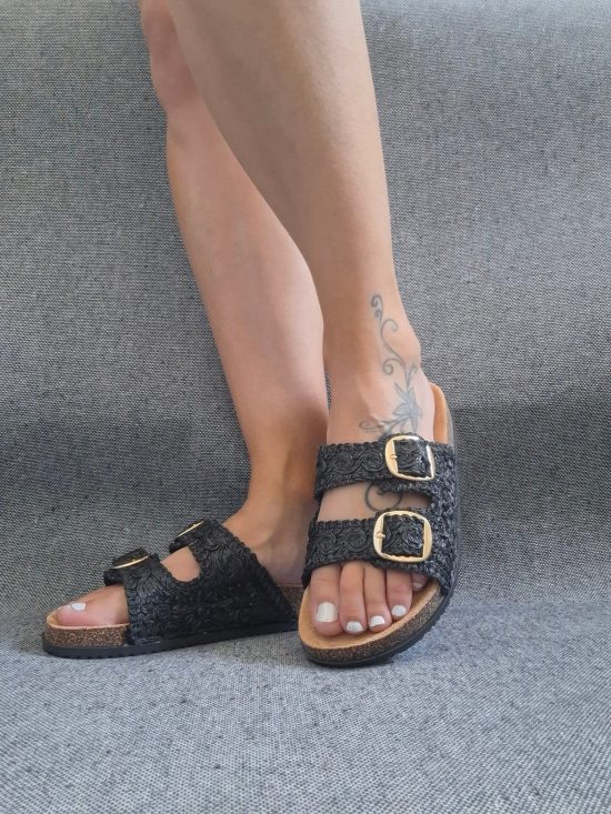 Chaussures sandales 2 brides effet paille noir avec boucles style Birk
