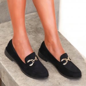 Chaussures mocassins noirs toucher daim avec détails dorés