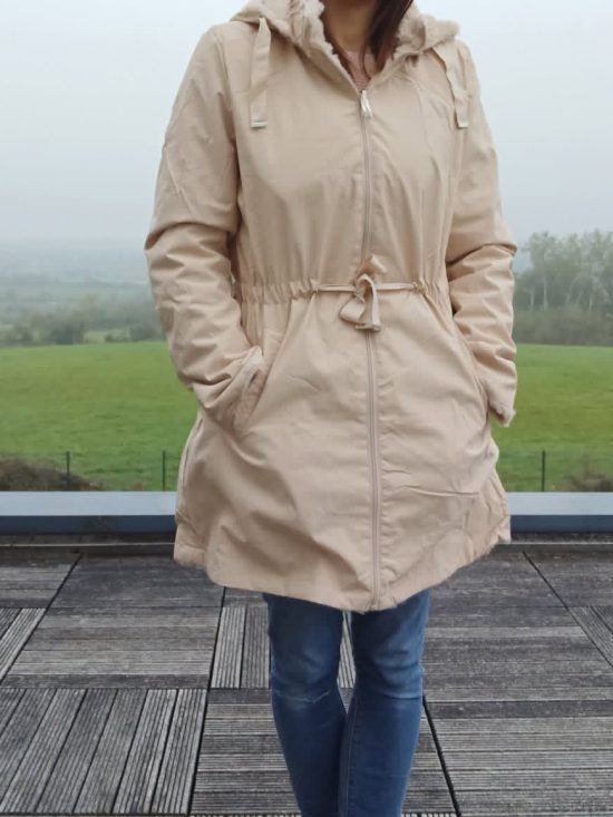 New Lolo - Manteau long BEIGE zip uni réversible imperméable et complètement fourré resserrable à la taille