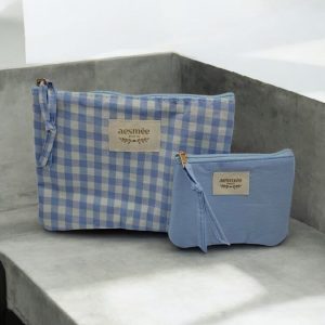 Pochette et trousse en coton vichy motifs à carreaux bleu et crème