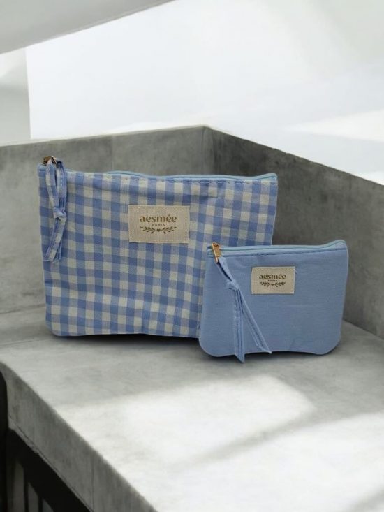 Pochette et trousse en coton vichy motifs à carreaux bleu et crème